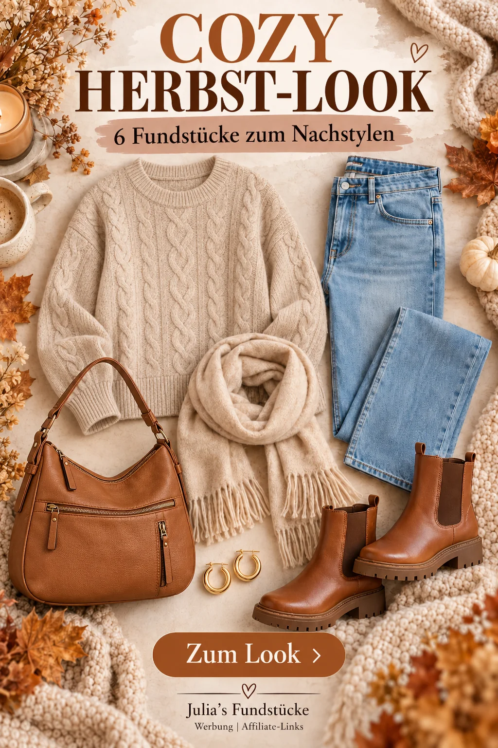 KI-generierte Herbst-Outfit-Illustration: beiger Zopfstrickpullover, hellblaue Jeans, beiger Schal, goldfarbene Creolen sowie cognacfarbene Tasche und Chelsea-Boots.