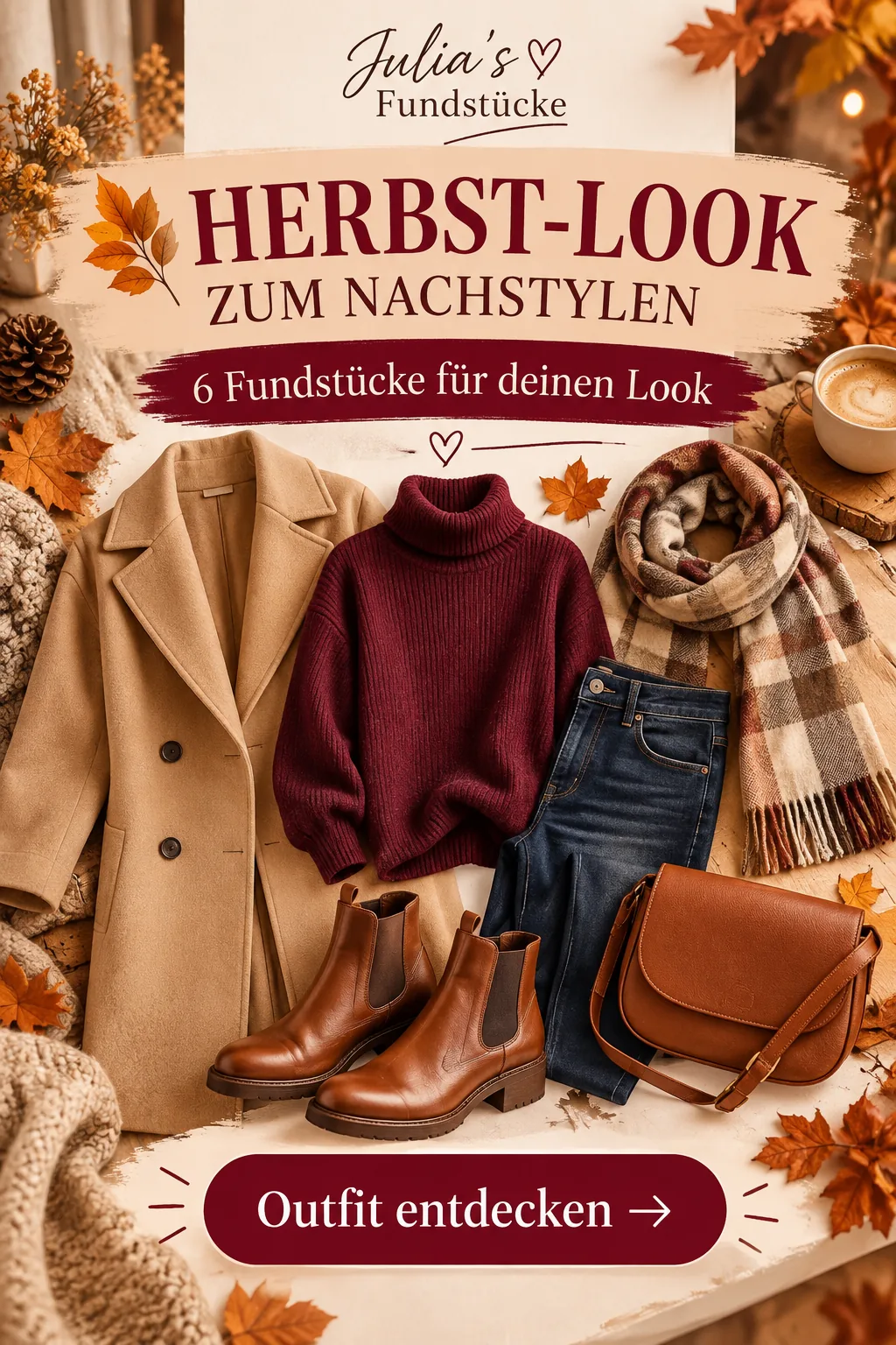Herbst-Outfit als Stylingcollage mit Camel-Mantel, bordeauxrotem Pullover, dunkler Jeans, Karoschal, braunen Boots und passender Tasche.