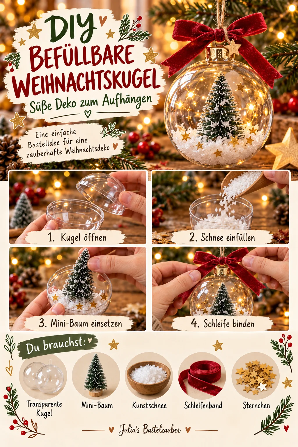 Vertikales DIY-Anleitungsposter: transparente Weihnachtskugel mit kleinem beschneitem Tannenbaum, Kunstschnee und roter Schleife; darunter vier bebilderte Arbeitsschritte und eine Materialübersicht.