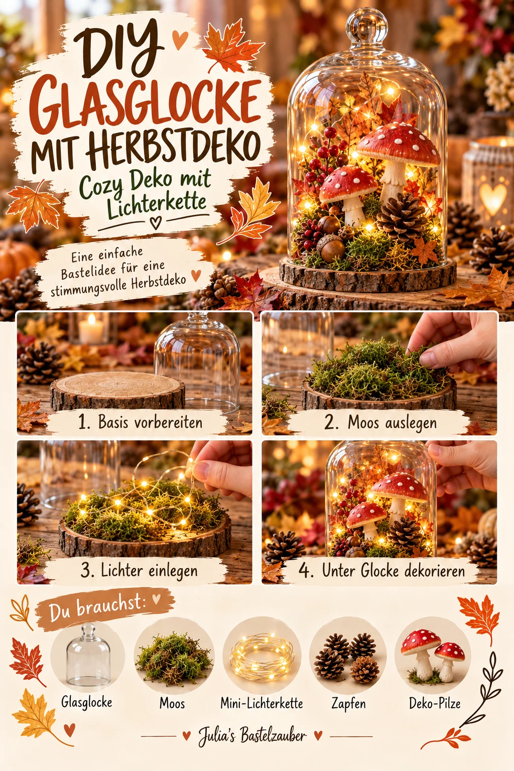 Vertikale DIY-Bastelanleitung für eine dekorative Glasglocke auf Holzsockel, innen grünes Moos, kleine rot-weiße Fliegenpilz-Dekoration, Tannenzapfen und warmweiße Mini-LED-Lichterkette; vier Arbeitsschritte.