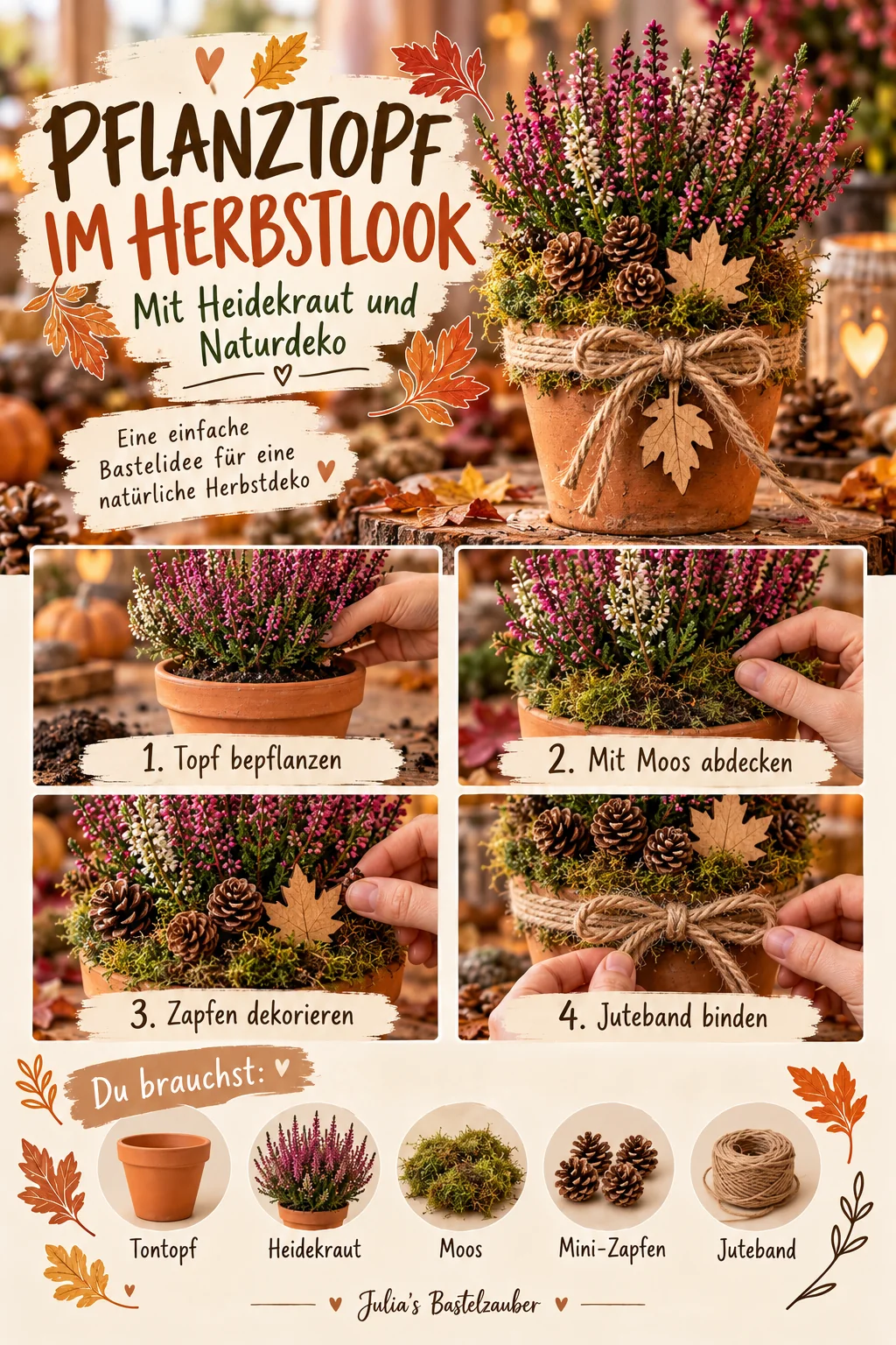 Heidekraut-Pflanze in einem Terrakottatopf, mit Naturmoos, kleinen Zapfen und Juteschleife, daneben vier bebilderte Bastelschritte.