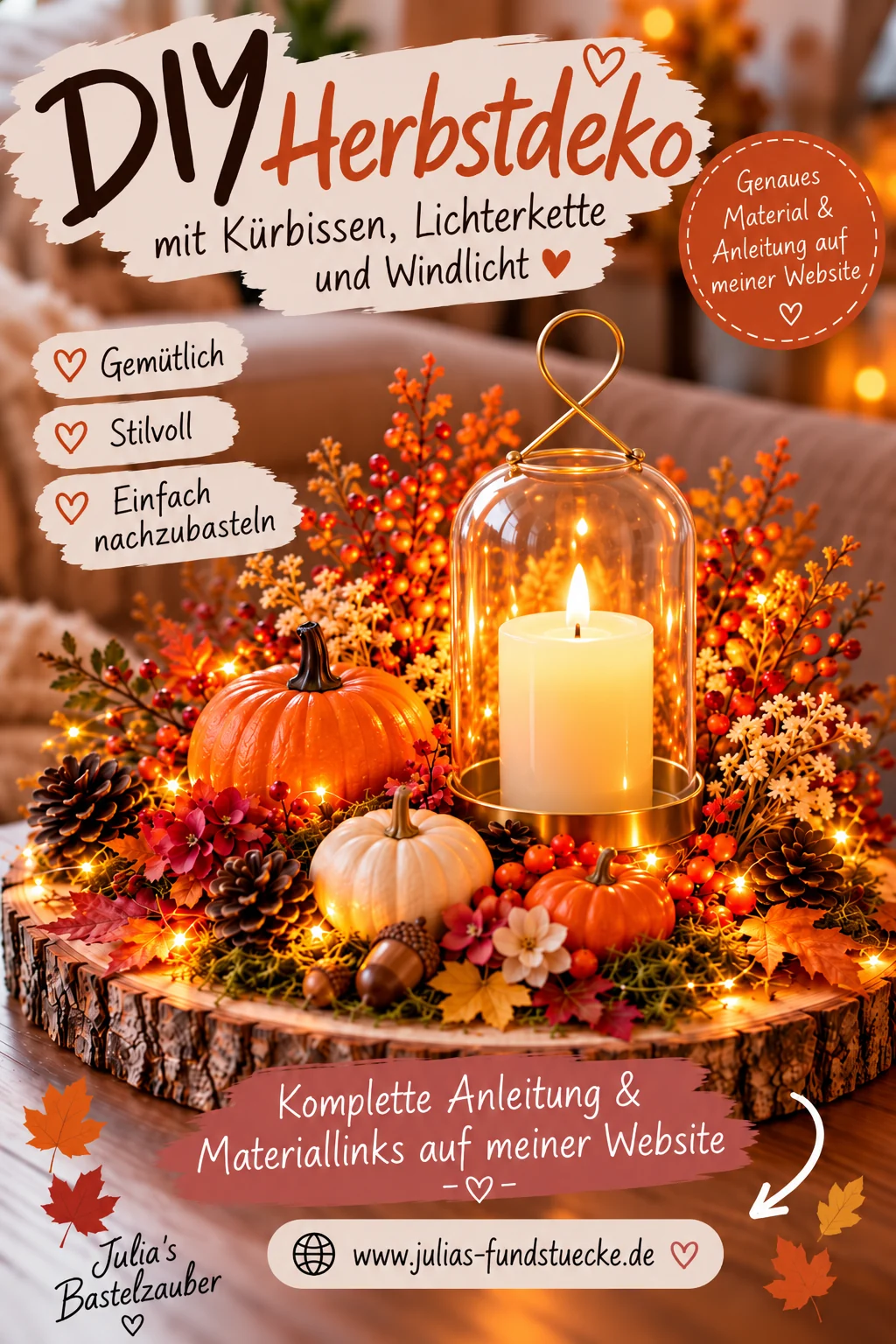 DIY Herbstdeko mit einem goldfarbenen NUPTIO-Windlicht und Kürbissen auf einer Holzscheibe