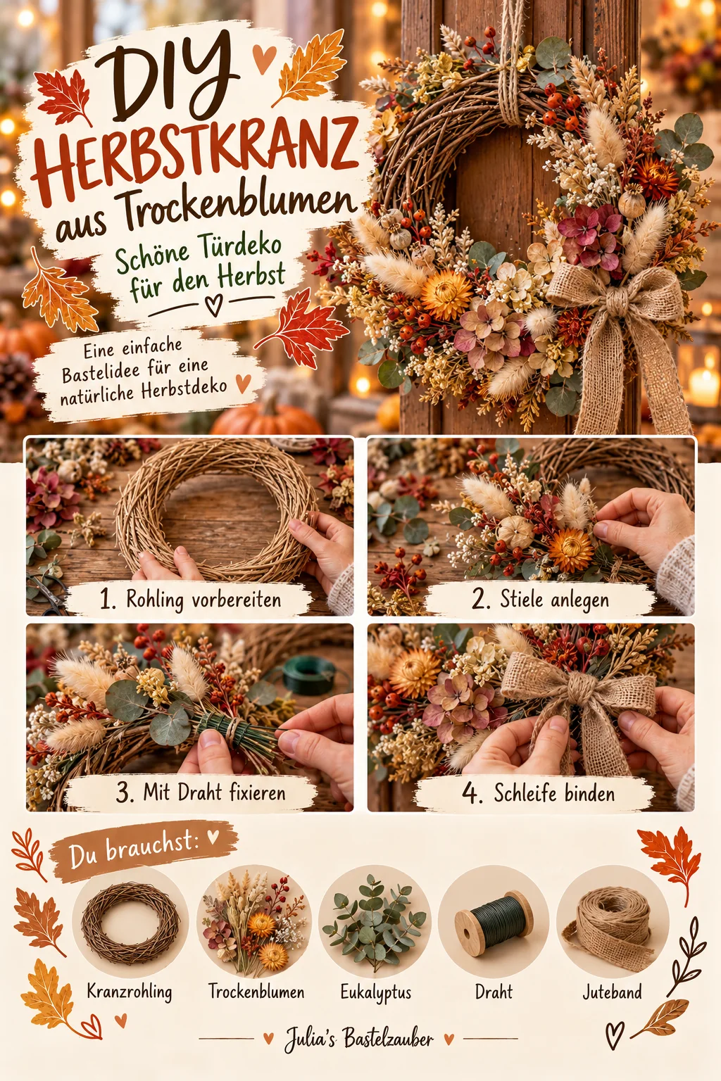 DIY-Anleitung: naturfarbener Herbstkranz mit Trockenblumen, Eukalyptus und Juteschleife an Holztür; darunter vier Bastelschritte.