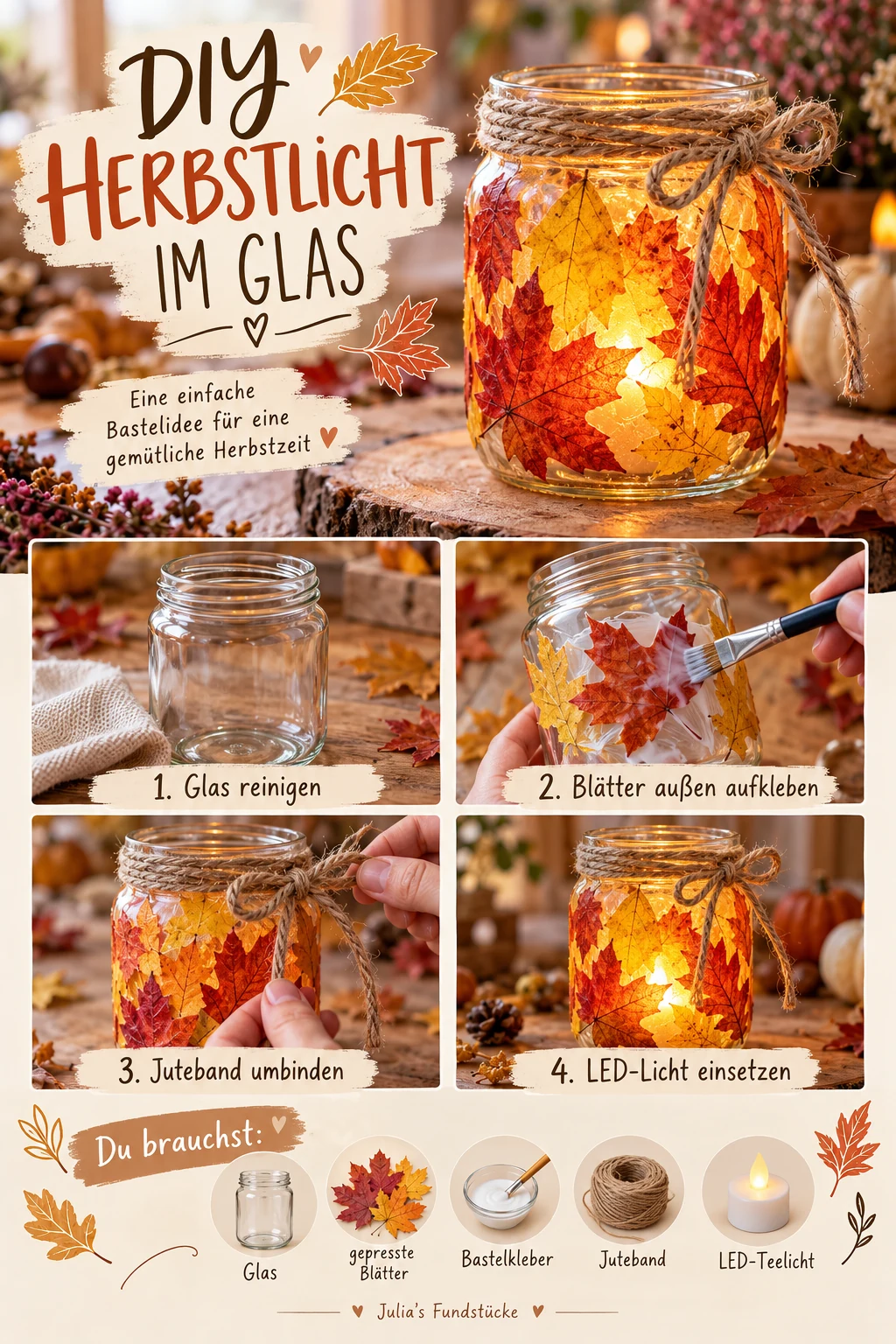 Herbstlicht aus Einmachglas mit getrockneten bunten Blättern