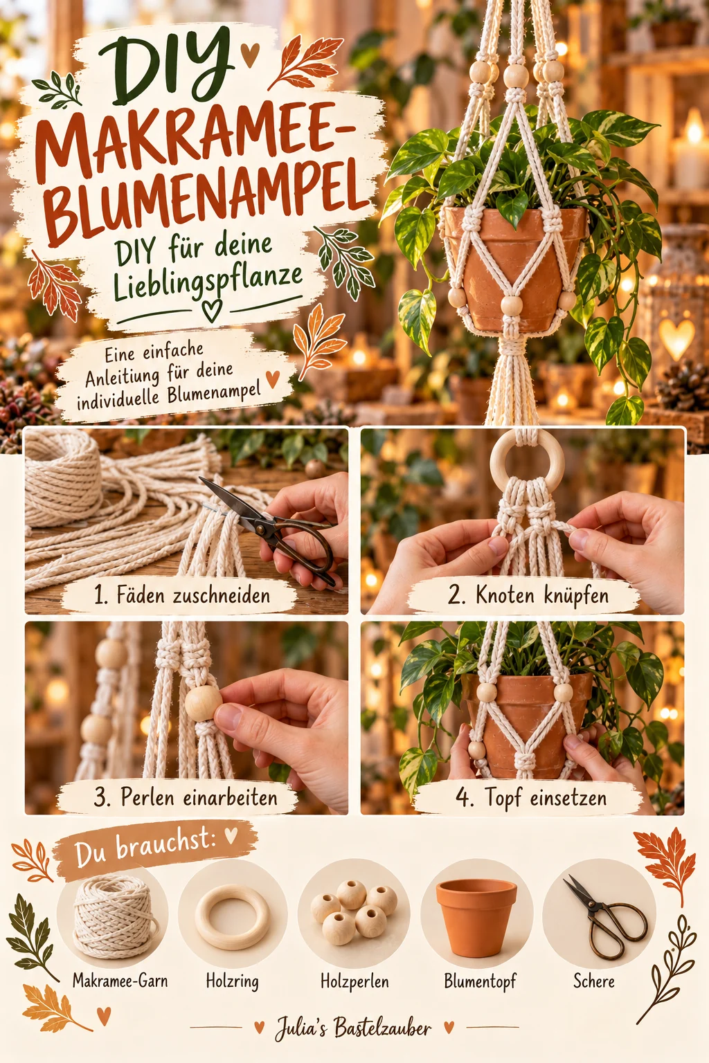 Vertikale vierteilige DIY-Anleitung: cremefarbene Makramee-Blumenampel mit Holzring und Holzperlen, die einen Terrakottatopf mit grüner Pflanze trägt; Schrittbilder und Materialübersicht.