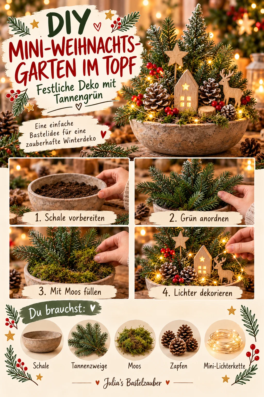 Bebildertes DIY-Bastelposter für einen kleinen Weihnachtsgarten in einer rustikalen Schale: Tannengrün, Moos, Zapfen, Mini-Holzhaus, Hirschfigur und warmweiße LED-Drahtlichter; vier Bastelschritte mit Materialübersicht.