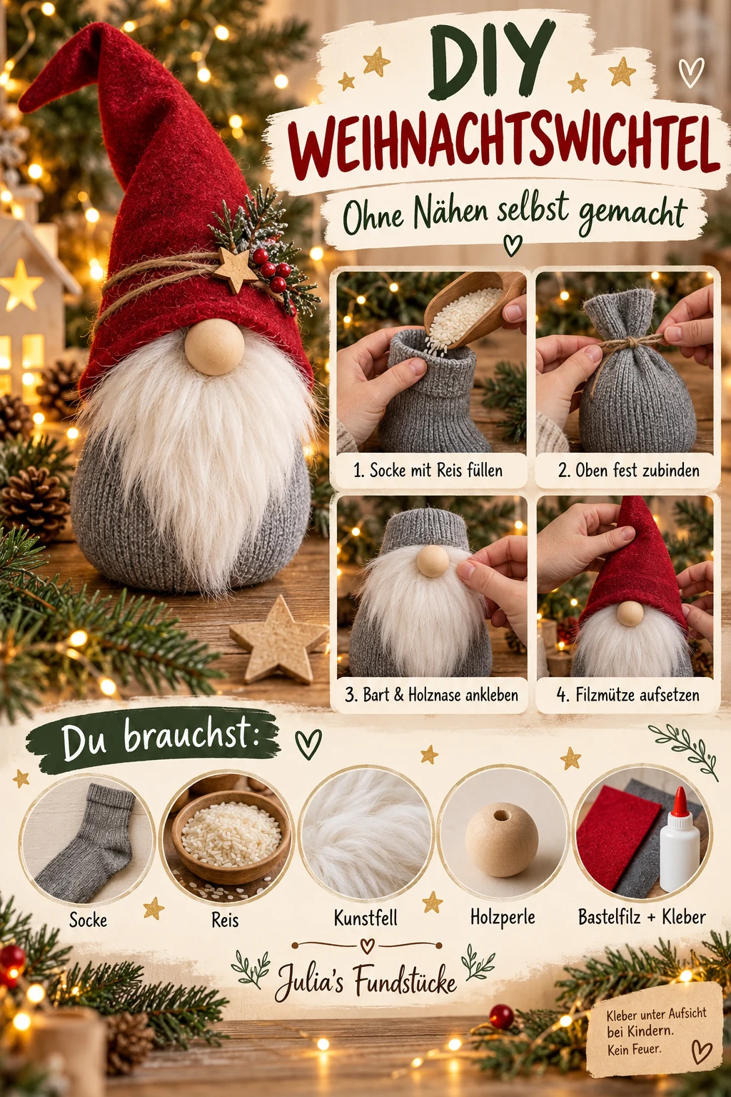 Süßer Weihnachtswichtel aus einer Socke mit roter Filzmütze