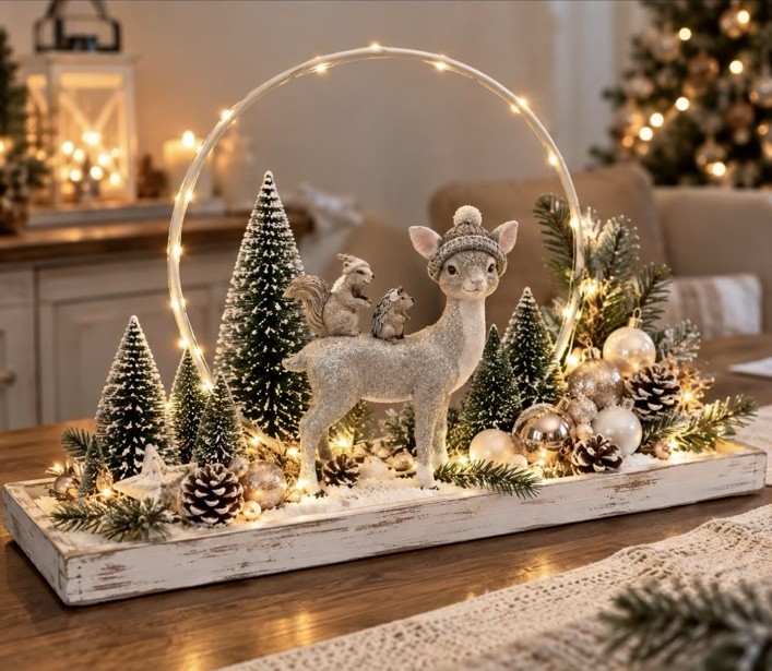 KI-Visualisierung einer winterlichen Weihnachtsdeko: weißer beleuchteter Metallring, glitzerndes Reh mit grauer Mütze und verschneite Mini-Tannen auf einem weißen Holztablett